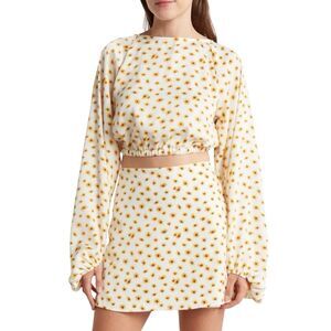 Revolve Crop Top Blouse L Ivory Floral Billow Sleeve Cottage Coquette Dainty